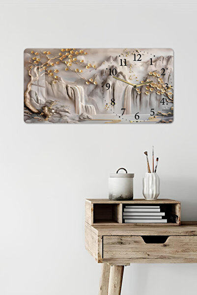 kutuTR 3D Görünümlü Temperli Cam Saat Tablo – Şelale ve Dağ Manzarası UV Baskı 60x30 cm - YSG010