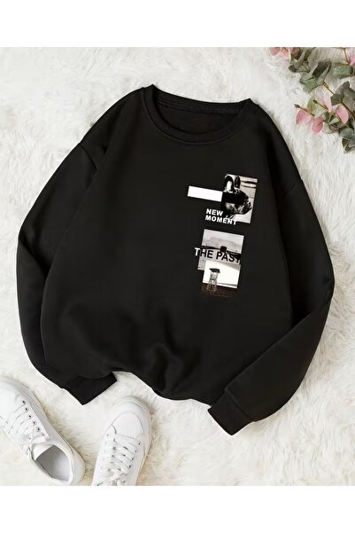 MODA TRENDGREY>NEW MOMENT THE PAST>baskılı bisiklet yaka uniseks sweathişşirt