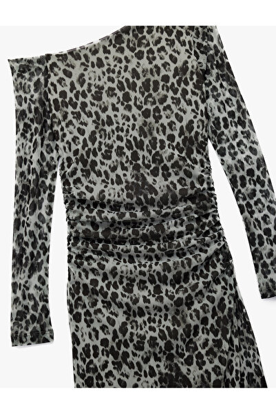 Koton Long Sleeve Draped Leopard Print Midi One Shoulder Dress