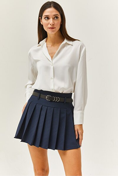 Hisleria Шорти з підкладкою, з поясом, в клітинку, з плісировкою, міні-спідниця - синій