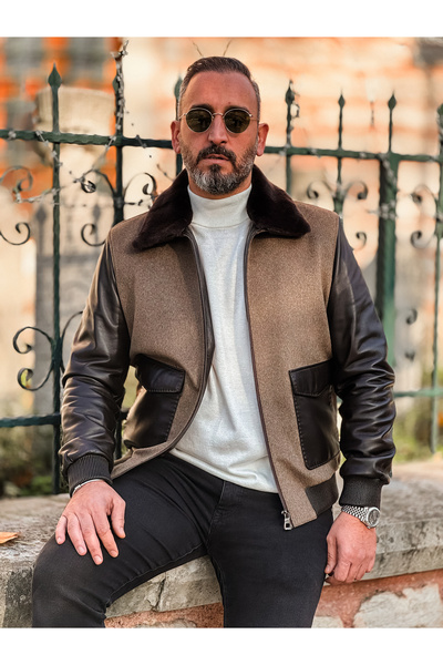 ErhanKorkmazShoes ERKEK DERİ KAŞE YAKASI KÜRK DETAYLI CEKET