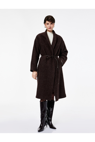 Koton Kemerli Kaban Alpaka Yünlü Uzun Kollu