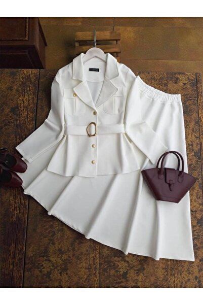 ŞAHİN TESETTÜR GİYİM GOLD DÜĞMELİ ÇİFT CEP TOKALI KEMERLİ CEKET KİLOŞ ETEK TA...