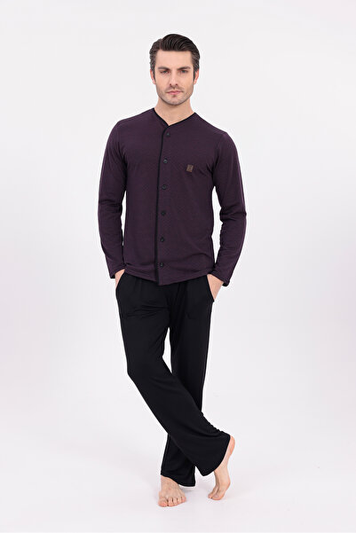 BLACKMORE Men's Plum Knit Striped Button Front Long Sleeve Cotton Men's Pajama Set
