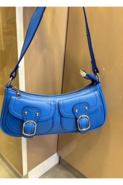 Larolina Women's Blue Long Handle Zipper Detailed Baguette Hand and Shoulder Bag