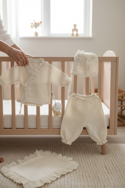 THELAKIDS 4 Kat Müslin Fırfır Detaylı Yenidoğan Seti ( Kimono & Pantolon & Bo...