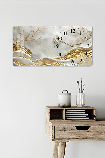 kutuTR 3D Görünümlü Temperli Cam Saat Tablo – Mermer ve Altın Dalga Desenli 60×30 cm UV Baskı - YSG016