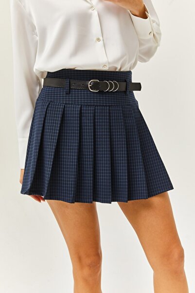 Hisleria Шорти з підкладкою, з поясом, в клітинку, з плісировкою, міні-спідниця - синій