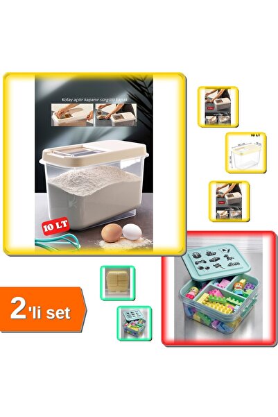 HerEveOyuncak 10 LT Sürgülü Kapaklı Erzak Un Saklama Kabı + Bölmeli Oyuncak H...