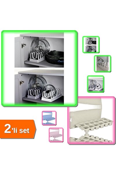 HerEveOyuncak 6 Bölmeli Tencere Kapak Rafı Organizeri + Pratik 12 Bölmeli Kap...