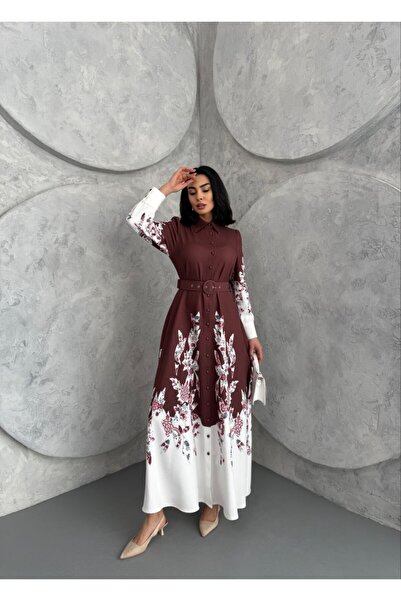 WellWay Rochie maro cu detaliu cu nasturi, guler de cămașă cu model floral din țesătură Atlas (CUREA INCLUSĂ)-2501