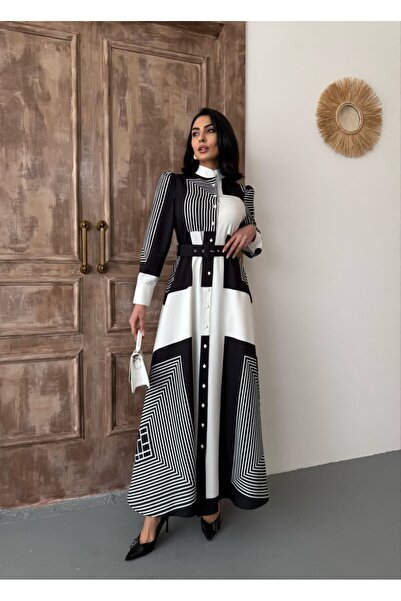 WellWay Atlas Fabric Houndstooth Pattern Πουκάμισο με λεπτομέρεια με κουμπί γιακά Μαύρο φόρεμα (ΠΕΡΙΛΑΜΒΑΝΕΤΑΙ Η ΖΩΝΗ)-2502