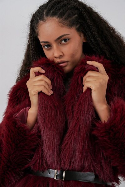 ALPACO Palton din shearling supradimensionat cu centură 9156 - Roșu Claret