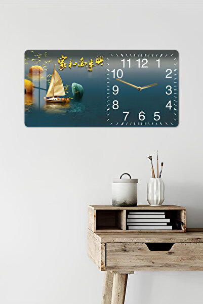 kutuTR 3D Görünümlü Temperli Cam Saat Tablo – Yelkenli ve Manzara Temalı UV Baskı 60x30 cm - YSG003