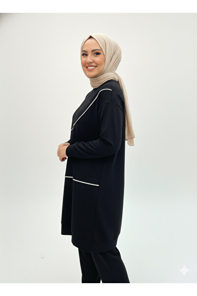 CELTMODA Women's Striped Detail Crystal Fabric Hijab Double Set - Black