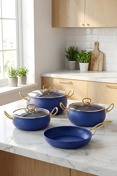 YUNUSOĞLU HOME 7-Piece Atlas Granite Cookware Set – 20 cm 2.5L, 24 cm 4.5L, 26 cm Flat 3L, 26 cm Frying Pan