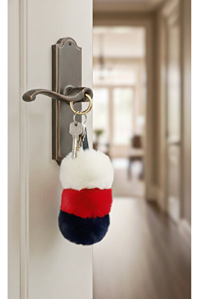 Mufincollection سلسلة مفاتيح من القطيفة ذات ثلاثة ألوان - أحمر وأزرق داكن وأبيض |   زينة حقيبة من الفرو الناعم وسلسلة مفاتيح