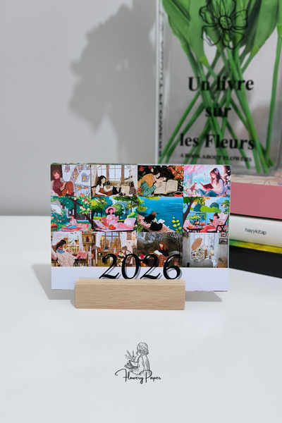 Flowery Paper Kitap Temalı 2026 Takvim , hediye kart a6 , Ahşap Altlık