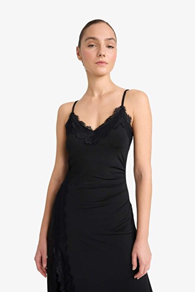 DeFacto Новогодишна рокля с А-силует, V-образно деколте, разрез в долната част и без презрамки G5941AX25WN