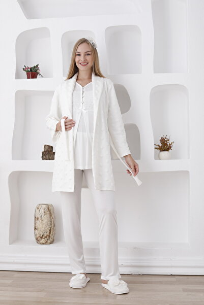 Lohussa Ecru Jacquard Shawl Collar Special Design Winter Long Sleeve 100% Cotton Maternity Dressing Gown Pajama Set 3-Piece Set