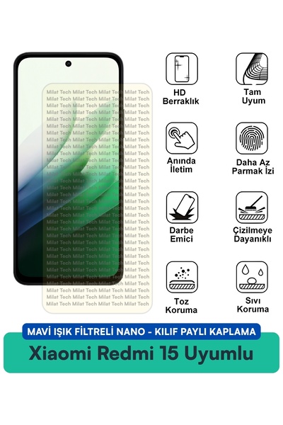 Milat Tech غطاء نانو متوافق مع هاتف شاومي ريدمي 15 مع فلتر الضوء الأزرق وطبقة...