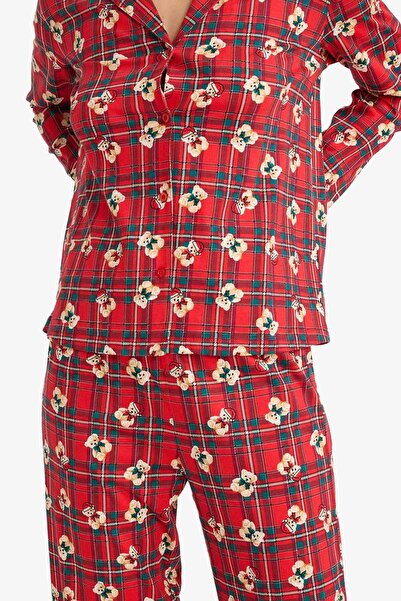 DeFacto Set de pijamale Regular Fit cu model ursuleț Top cu mâneci lungi în carouri Partea de jos lungă G7227AX25WN