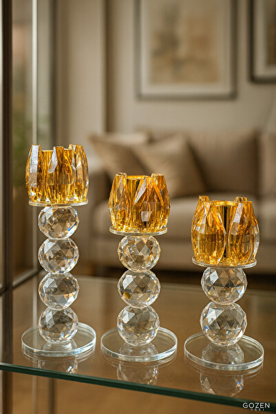 GZNDEKOR Üçlü Lüx Kristal Parıltılı Mumluk Seti