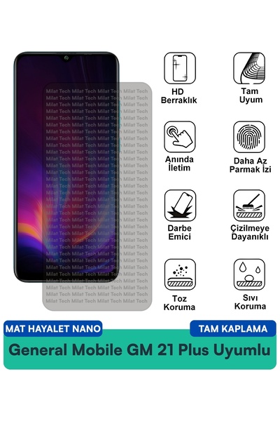 Milat Tech فيلم حماية الشاشة جنرال موبايل GM 21 Plus Mat Hayalet Nano يقلل من...