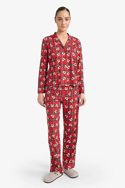 DeFacto Set de pijamale Regular Fit cu model ursuleț Top cu mâneci lungi în carouri Partea de jos lungă G7227AX25WN