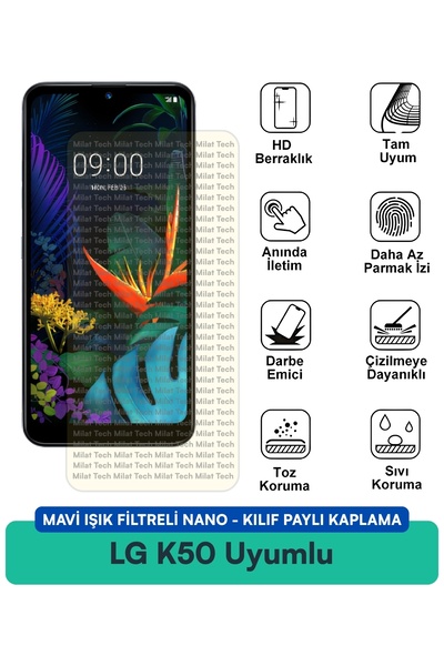 Milat Tech فلتر الضوء الأزرق LG K50، غطاء نانو متوافق مع طبقة حماية الشاشة، م...