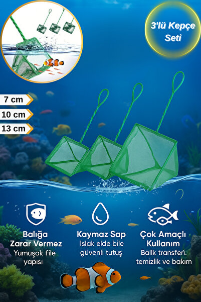 Hane Dostu 3'lü Akvaryum Balık Yakalama Kepçesi Seti – 7cm + 10cm + 13cm Yeşi...