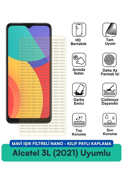 Milat Tech Alcatel 3L (2021) Blue Light Filter Nano Case Compatible Screen Pr...