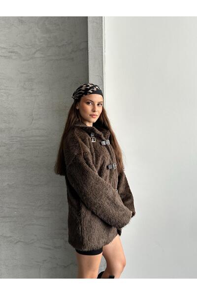 FERZOLAİO Oversized Brown Feather Jacket with Belt Tie