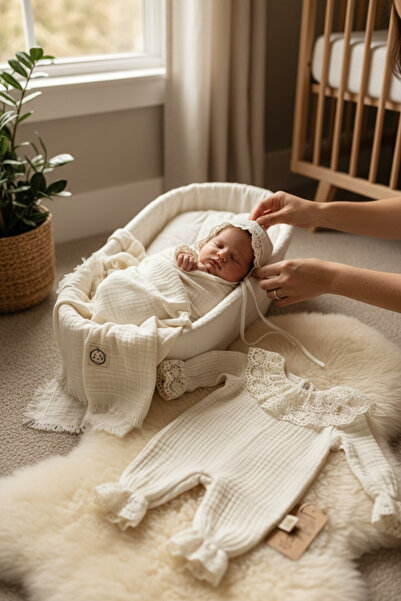 THELAKIDS Güpür Volan Detaylı 4 Kat Müslin Yenidoğan Seti ( Tulum&Bonet Şapka...