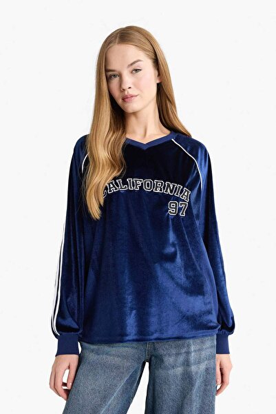 DeFacto Oversized Wide Fit V-Neck Printed Velvet Sweatshirt G3728Ax25Wn