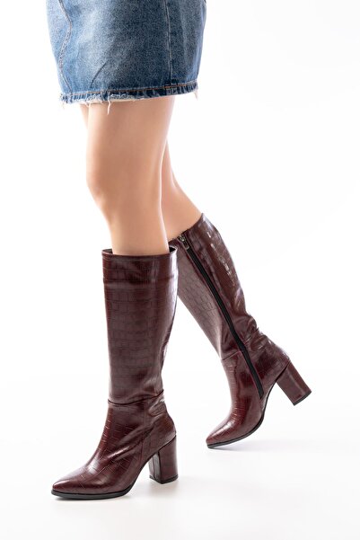 Zerenyus ZRİN-4422 Premium μπότες με φερμουάρ με μυτερή μύτη, μπορντό κροκόδειλο με τακούνι