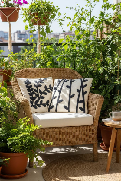 homytextiles Modern Tasarım Punch İşlemeli Dekoratif 2'li Kırlent Kılıfı, Yaprak Antrasit