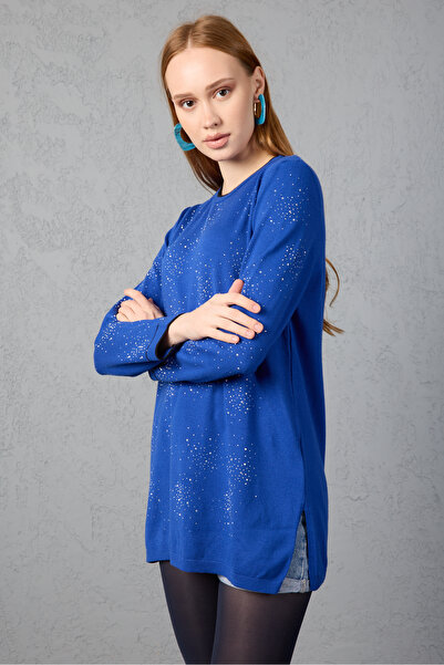 Clothes Fast Stone Detailed Crew Neck Knitwear Blouse - Contrast Piped and Side Slit