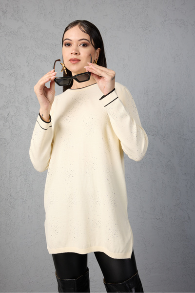 Moda Days Stone Detailed Crew Neck Knitwear Blouse - Contrast Piped and Side Slit