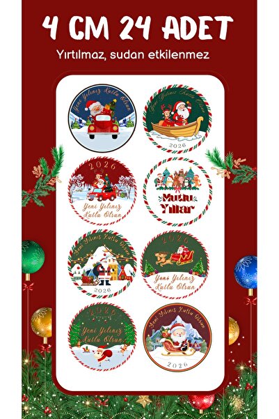 WALLHUMAN Yılbaşı Temalı 4 cm 24’lü Yuvarlak Etiket Sticker Seti – Yeni Yıl Hediye Paketleme Süsler