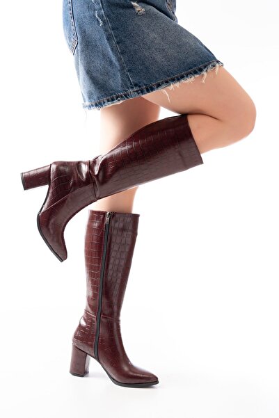 Zerenyus ZRİN-4422 Premium μπότες με φερμουάρ με μυτερή μύτη, μπορντό κροκόδειλο με τακούνι