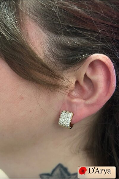 Darya Dd633 Gold Micro Stone Thick Model Earrings – Sparkling Rectangular Shape