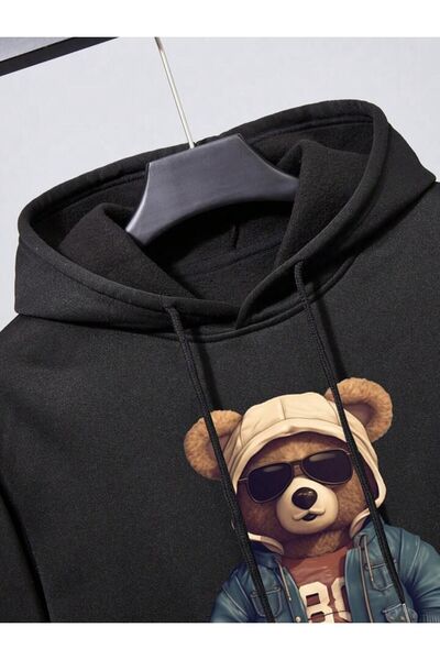 Marco Fresco Unisex Glasses Bear Printed Hooded Top and Bottom Set Tracksuit Set