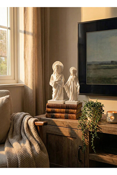 uAmor Modern Dekoratif 2'li Biblo Seti: İsa ve Meryem Ana - Beyaz Minimalist ...