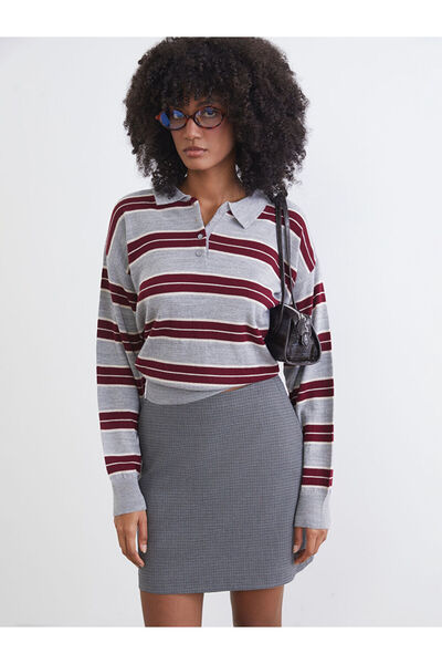 LC Waikiki Turn-Down Roba Collar Striped Loose Fit Women's Knitwear Sweater f...