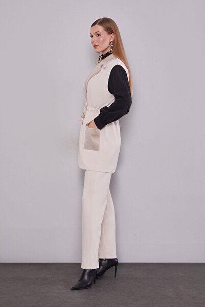 Levidor Cream Fur Collar Detailed Vest Set