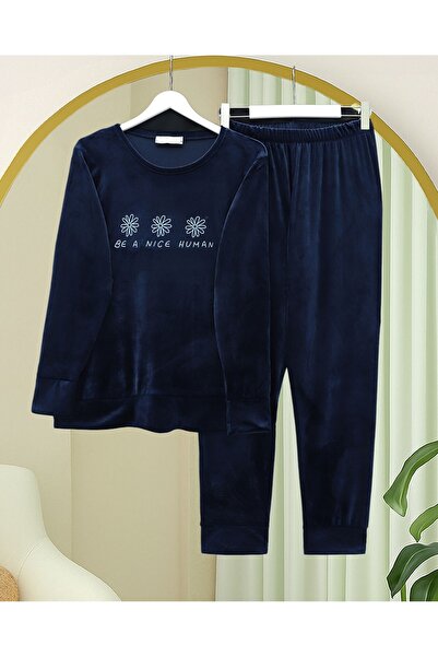 Modamorfo Embossed Lettering French Velvet Pajama Set - Navy