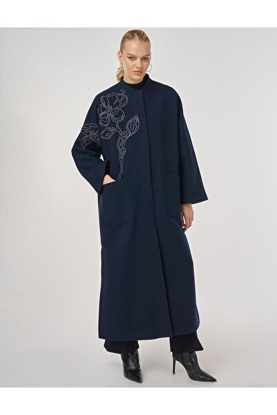 Kayra Embroidered Cashmere Coat Dark Navy Blue