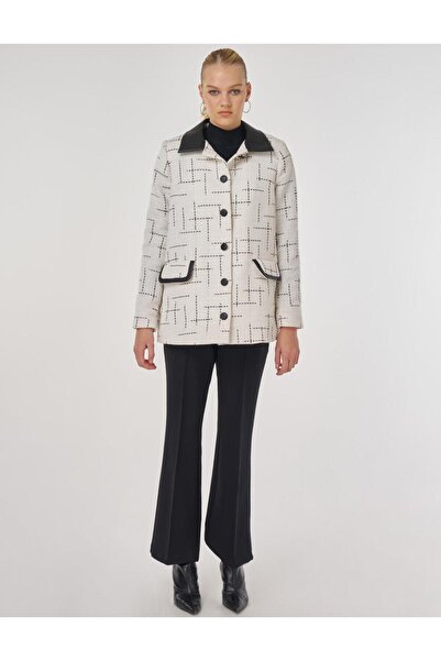 Kayra Leather Collar Patterned Jacket Ecru