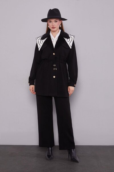 Levidor Black Double-Breasted fur collar double set